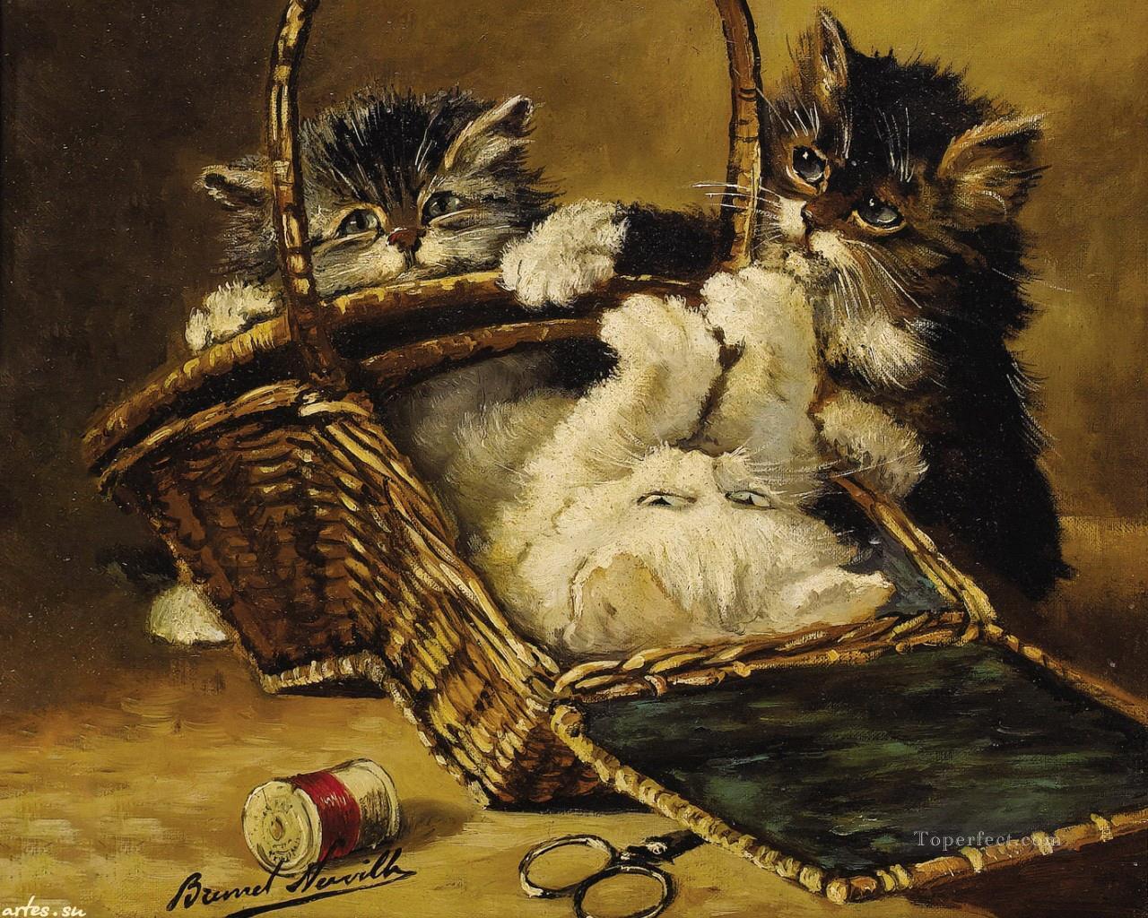 chatons dans un panier Alfred Brunel de Neuville Peintures à l'huile